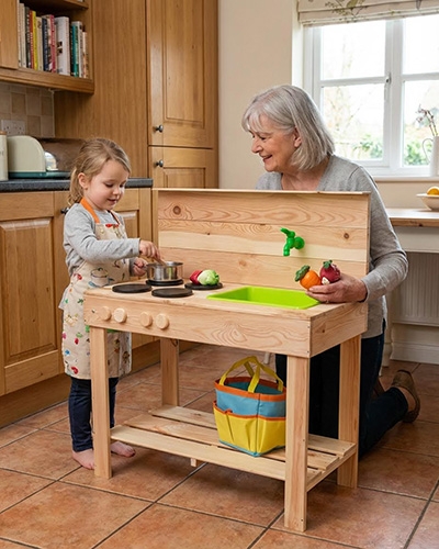 Grand-mère et enfant jouant avec un établi de jardin en bois et accessoires colorés